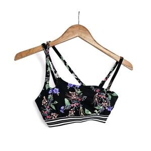 Athleta Gold Coast Black Floral Asymmetrical Straps Bikini Top Size Small